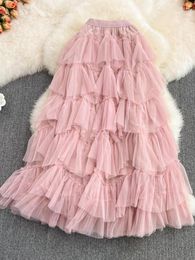 Skirts Summer Women Mesh Kawaii Skirt Medium Long Puffy Cake Temperament High Elastic Waist Irregular Pink Fairy