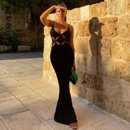 Party Dresses Cryptographic Spaghetti Strap Cut Out Maxi Dress Outfits for Women 2021 Autumn Club Party Sexy Backless Black Dresses Clothes L230313