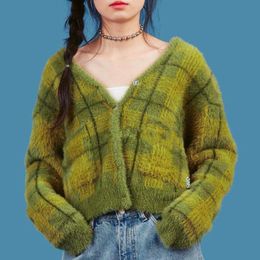 Women's Knits & Tees Women Long Sleeve Knit Cardigan V-Neck Button Down Loose Sweater Coat Thicken Fuzzy Plush Harajuku Vintage Plaid Outwea