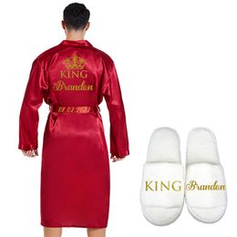 Men's Robes king Groom Robe Emulation Silk Soft Home Bathrobe Nightgown For Men Kimono Customised Name Date Personalised for Wedding Party 230313