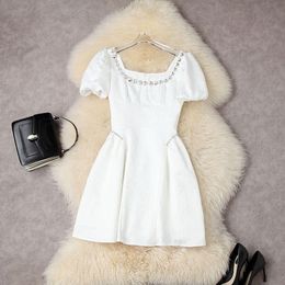 Summer Short Puff Sleeve Short Mini Dress Square Neck White / Black Solid Colour Floral Jacquard Panelled Beaded Rhinestone Elegant Casual Dresses 22Q157009