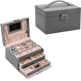 Jewelry Boxes 3-layer Large Leather Jewelry Box High Capacity Necklace Earring Ring Casket Makeup Storage Organizer Box Gifts For Women 230311