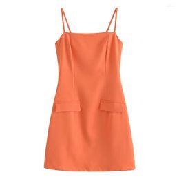 Casual Dresses COS LRIS Spring Women's Fashion All-match Orange Pocket Sling Square Collar Waist Mini Dress 22323