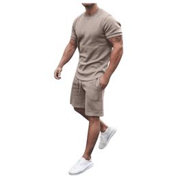 Men's T-Shirts Men's Tracksuit 2 Piece Set Summer Solid Sport Hawaiian Suit Short Sleeve T Shirt And Shorts Casual Fashion Man Clothing 230313