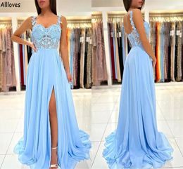 Charming Light Sky Blue A Line Prom Dresses Elegant Lace Appliqued Spaghetti Straps Evening Party Gowns Chiffon Side Split Women Second Reception Formal Wear CL1995