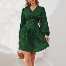 Casual Dresses Green A-Line Mini Dress Woman Sexy V Neck Floral Lantern Long Sleeve Tunic Pleated Party Spring Autumn Female Sundress