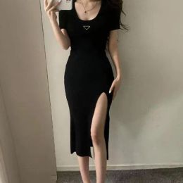 Woman Clothing Casual Dresses Short Sleeve Summer Womens Dress Slit Skirt Outwear Slim Style With Budge Designer Lady Sexy Dresses