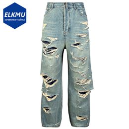 Men s Jeans Hip Hop Ripped Distressed Double Layer Baggy Denim Pants Fashion Streetwear Harajuku Blue 230313
