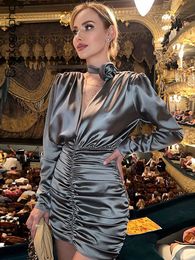 Party Dresses Cryptographic Satin Ruched Long Sleeve Gown Mini Dress for Women Fall Outfits Sexy V Neck Bodycon Dresses Party Clubwear Clothes L230313