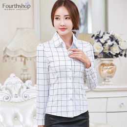 Women's Blouses Shirts White Tops and Blouses Female Plaid Design Turn-down Collar Long Sleeved Women Shirts Office Lady Work Wear Autumn Summer 230313