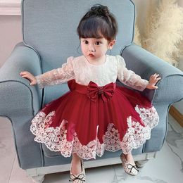 Girl Dresses 1 Year Birthday Party Dress Long Sleeve Lace Bow Born Princess Clothing 2023 Spring Fall Infant Baby Clothes