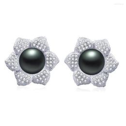 Stud Earrings Elegant Flower Zircon For Women 925 Silver Jewellery Classic Style Natural Freshwater Pearl Fine Valentines Gift