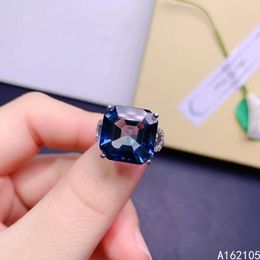 Cluster Rings 925 Pure Silver Chinese Style Natural London Blue Topaz Women's Luxury Fashion Square Adjustable Large Gem Ring Fine