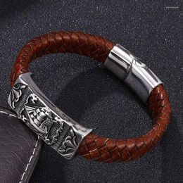 Charm Bracelets Trendy Man Jewelry Accessories Brown Leather Braided Bracelet Men S.Steel Magnetic Clasp Vintage Rock FR0165