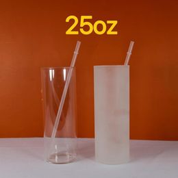 25oz Sublimation Frosted Clear tumbler drinking Mugs with Bamboo Lid Straw Blank white Tumblers Heat Transfer Cups cola glass jar