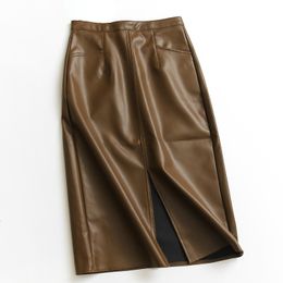 Skirts Slim A-line Front Slit Brown PU Leather Midi Skirts High Waisted Zipper Pockets Knee Faux Leather Skirts 230313