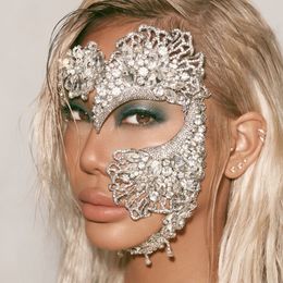 Party Masks KMVEXO Zircon Crystal Geometric Mask Masquerade Jewelry Luxury Mask for Face Design Women Halloween Party Gifts 230313