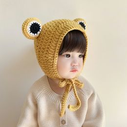 Caps Hats Autumn Winter baby boys and girls cute frog knitted ear cuff hat Infants cute warm Hand knit cap 230313