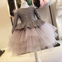 Girl Dresses Glitter Brown Flower Sequin O Neck Puffy For Girls Kids Birthday Party Gown