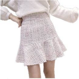 Skirts Autumn Winter Women Mermaid Skirt Sexy Mini Tweed Skirt White Black High Waist Elegant Lady Plus Size Party Skirts 230313