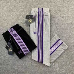 Mens Pants Men Women 1 1 Top Version Purple Striped Webbing Grey Embroidery Butterfly Track Pants AWGE Trousers Needles Elastic Waist Pants 230313