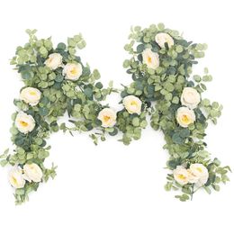 Decorative Flowers Wreaths Artificial Eucalyptus Vine Leaves Garland with Willow Vines Twigs Leaves for Wedding Party Table Runner Greenery Garland Indoor 230313