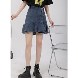 Skirts Women's Denim Blue Half Body Skirt Irregular Patchwork High Waist Casual Korean Fashion Baggy Ruffle Short Skirt Ladies Summer 230313