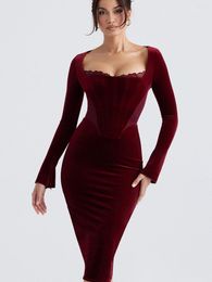 Abiti casual Beaukey 2023 Sexy for Women Lace Wine Red Bodycon Dress Midi Lunghezza Slim Party Celebrity Long Flare Vestidos