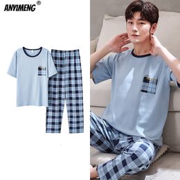 Men's Sleepwear Mens Pyjamas Summer Knitted Cotton Pjs Leisure Sleepwear for Men O-neck Short Sleeved Long Pants Pijamas Set for Gentleman 230313