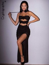 Party Dresses Cryptographic Sexy Backless Cut Out Mesh Transparent Maxi Dress for Women Elegant Gown Halter Strapless Dresses Party Clubwear L230313