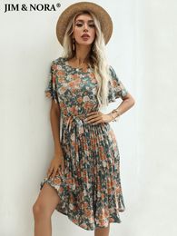 Casual Dresses JIM NORA Butterfly Short Sleeve Floral Printed Pleated Dress Casual Round Neck Belt Knee Length Dresses For Women Summer 230313