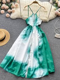 Casual Dresses Sexy Summer Tie Dye Printed Long Dress Women Beach Spaghetti Strap Vintage Zipper Open Back A-line Vestidos Female Fashion