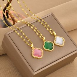 Brand White Pink Green Stone Clover Pendant Necklace Stainless Steel Jewellery For Women 29A