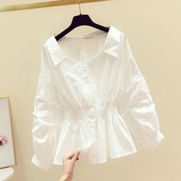 Women's Blouses Shirts Elegant Off shoulder Top Long sleeve Tunic Blouses Women Button Up White Shirt Turn down Collar Casual 230313