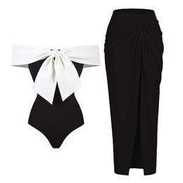 Swim wear Black And White Colorblocked One shoulder Bikini Slim Fit Open back Bow Design Swimsuit Women Elegant Straps Cover up 230311