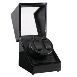 Watch Boxes & Cases Black Wooden Lacquer Piano Glossy Carbon Fibre Double Winder Box Motor Storage Display Case US PLUG Shaker