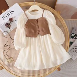 Christening dresses Spring Autumn Baby Suits Girl Vest Long Sleeve Dresses 2piece Kids Cute Princess Dress Children Chiffon Vestido 2 to10T 230313