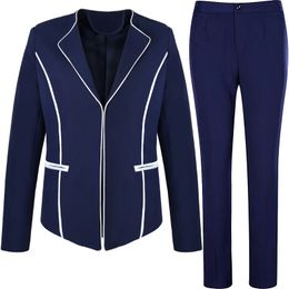 Women's Suits Blazers Lenshin Antiwrinkle Smooth Fabric Hidden Button Contrast Binding Navy Blue Pant Suit Twopiece Set Women Fashion Trouser 230313