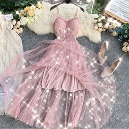 Casual Dresses ZCWXM Summer Women Party Dress Elegant Sequined Lolita Mesh Long Ladies Sexy Spaghetti Strap Appliques Female