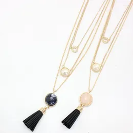 Pendant Necklaces Ethnic Style Light Yellow Gold Colour Multi Layer Rose Pink Quartz Link Chain Necklace With Tassels Jewellery