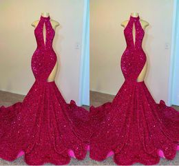 Elegant Mermaid Evening Dresses Floor Length Sequined Halter Neck Pleats Satin Evening Formal Party Second Reception Birthday Pageant Dress Prom Gowns