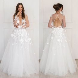 Unique A-line Wedding Dresses Deep V-neck Transparent Long Sleeve 3D Flower Applicant Tulle Backless Floor Length Custom Made Plus Size Bridal Dress Vestidos De Novia