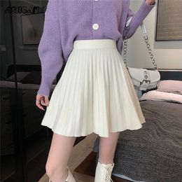 Skirts Ashgaily Knit Pleated Skirt Women High Waist Sweater Skirts Autumn Winter Solid Elastic Knitting Ribbed Mini Skirt 230313