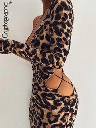 Party Dresses Cryptographic Sexy Bandage Cut Out Leopard Print Midi Dress Outfits Women Party Club Autumn Long Sleeve Dresses Bodycon Clothes L230313