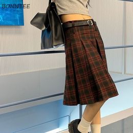 Skirts Pleated Skirts Women Plaid Knee-length Autumn Korean Fashion Preppy Style All-match Casual Students Vintage Literary Low Waist 230313