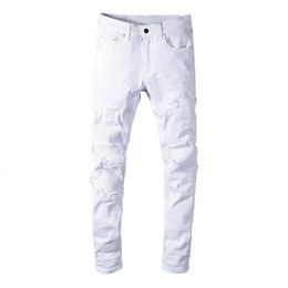 Men's Jeans Sokotoo Men's white stretch ripped biker jeans Slim skinny pleated patchwork denim pants 230313