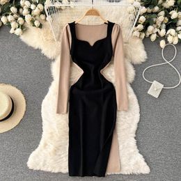 Casual Dresses ZCWXM Spring Women Knitted Dress Brand Vestido Sexy Contrast Stitching Bodycon Sweater Elegant Split Lady Office