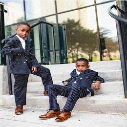 Men's Suits Boy 2 Pieces Children Navy Pinstripe Formal Customised Wear Stage Models Handsome British Fashion Style Coat Pant