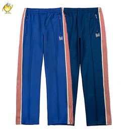 Mens Pants Joggers Blue Sweatpants Men Women Outdoor Casual Needles Pants Pull Rope Trousers Webbing Striped Butterfly Embroidery 230313