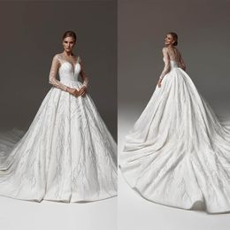 Gorgeous Ball Wedding Dresses V-neck Long Transparent Sleeves Shining Stripe Applicants Zipper Chapel Sequins Custom Made Bridal Gown Vestidos De Novia